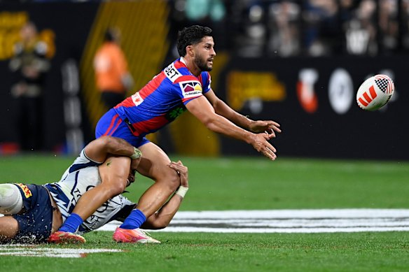 Knights halfback Dylan Brown comes away from Las Vegas with a pass mark.