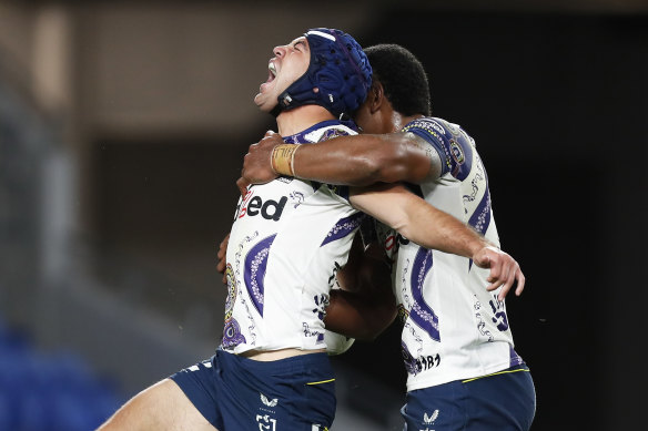 Jahrome Hughes lets his emotions flow after scoring one of the Storm’s string of tries.
