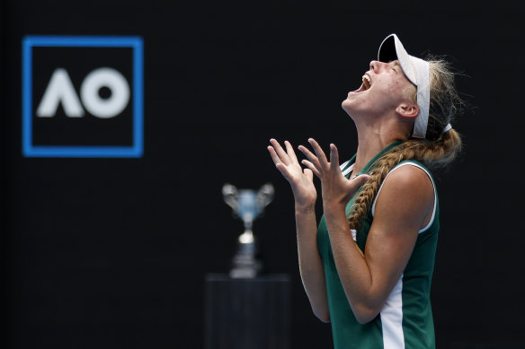 Alina Korneeva celebrates winning championship point in the junior girls’ singles final. 