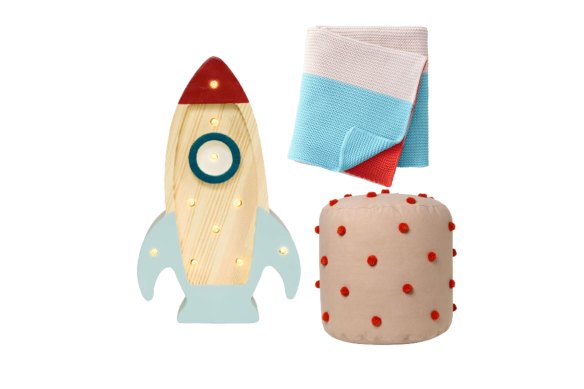 “Rocket” lamp; “Ralphie” throw; “Dot Tufted” pouffe.