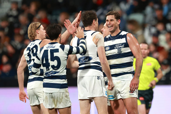 Tom Hawkins celebrates a goal in his side’s win over Essendon.
