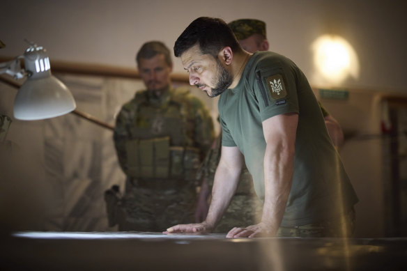 Ukrainian President Volodymyr Zelensky  at a meeting with military officials in July. Russia invaded Ukraine in February.