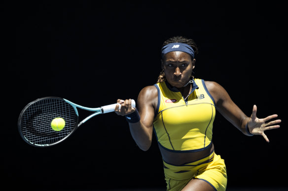 Coco Gauff crunches a forehand in her quarter-final against Ukrainian Marta Kostyuk on Tuesday.