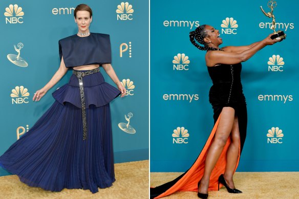 Taking up space, in the best way ... Sara Paulson (left) in Louis Vuitton, and Sheryl Lee Ralph.