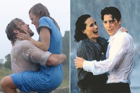 Ryan Gosling and Rachel McAdams in The Notebook and Andie MacDowell with Hugh Grant in Four Weddings and a Funeral.