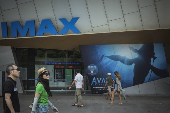 Advertising for the box office smash hit movie, Avatar-The Way of Water, outside Imax theatre in Carlton.