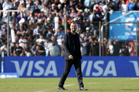 Michael Cheika on the field as Argentina warm up to play Scotland.