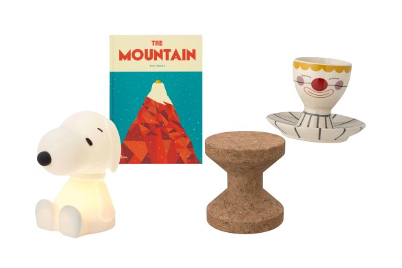 “Snoopy” night light; The Mountain; “Cork Family Model A” stool; “Fizbo” eggcup.