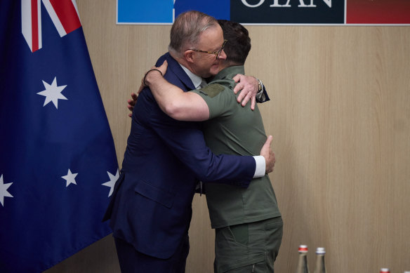 Ukraine’s President Volodymyr Zelensky and Prime Minister Anthony Albanese at their meeting at NATO.