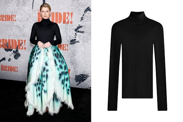 Above left: Jessie Buckley; right: Scanlan Theodore wool polo-neck.