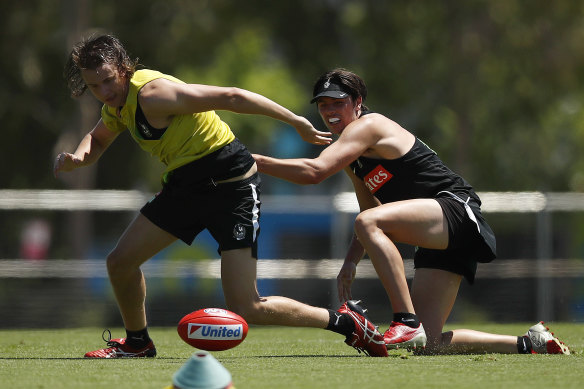 Jack Briskey (left) in action during a Collingwood training session earlier this year. He could be added to their list. 