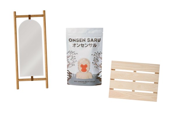 “Aurora” mirror; “Hot Spring” bath salts; bath mat. 