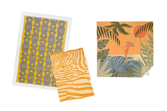 “Le Lien Banana” towel; “Maze” towel, ; “Jungle Surfer” towel.  