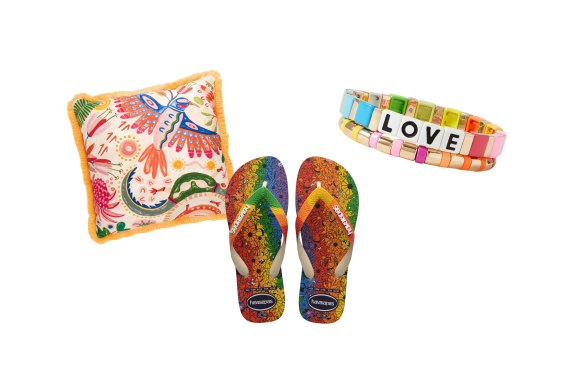 “Gunjull Jagun” cushion; “Top Pride Premium” thongs; “Love Rainbow” bracelet set.