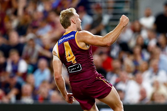 Oscar Allen of the Lions celebrates a goal.