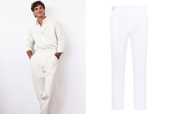 Above: actor Jacob Elordi. Right: Godwin Charli “Gurkha” trousers.
