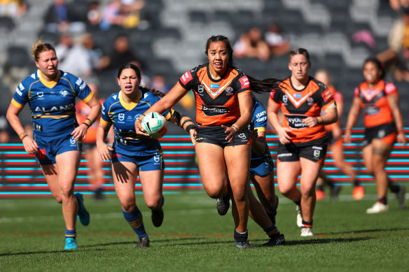 The Wests Tigers’ Christian Pio makes a line break against the Eels on the weekend.
