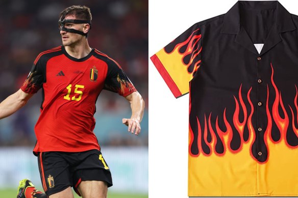 Thomas Meunier of Belgium in action during the FIFA World Cup Qatar 2022 wearing his Adidas jersey and an amazon.com.au take on the flame shirt made famous by memes of US cook Guy Fieri.
