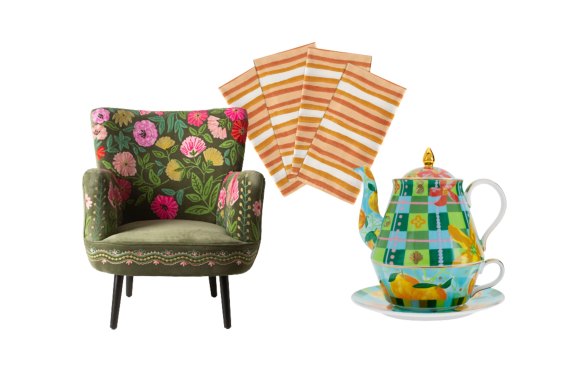 “Floral Burst” armchair; “Avalon Spice” napkins (set of 4); “Never Ending Summer” tea set.