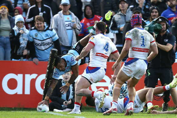 Sione Katoa on the end of the Sharks’ slingshot play against Newcastle earlier this month.