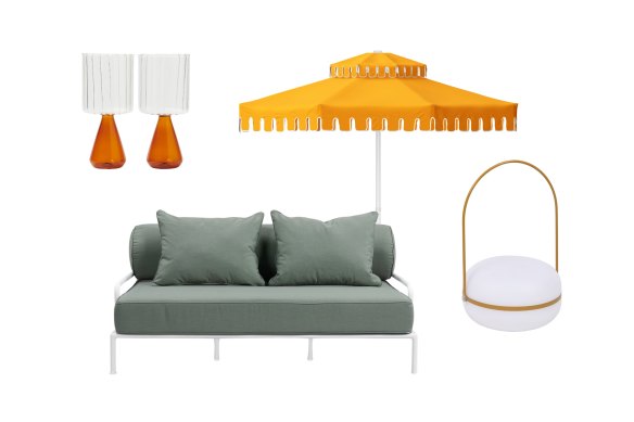 Wine glasses; “Rowe” sofa; “Golden Hour” umbrella; “Tea” lamp.