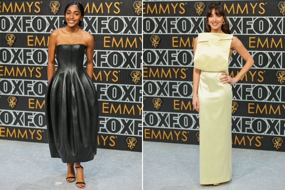 Ayo Edebiri in custom Louis Vuitton and Aubrey Plaza in Loewe at the 75th Emmy Awards.
