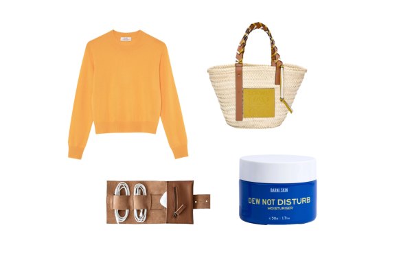 ‘Peter’ cashmere sweater; Basket bag; Cord roll; “Dew Not Disturb” moisturiser.