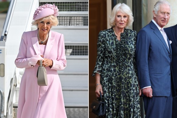How it started v how it finished: Queen Camilla arriving on day one of the King’s tour of France at Orly airport and on the third and final day at the Elysee Palace.