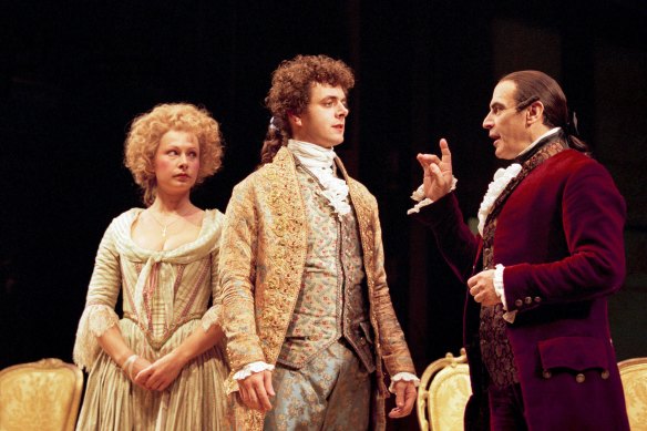Sheen (centre) as Mozart, with Lucy Whybrow (Constanze Weber) and David Suchet (Salieri) at the Old Vic in 1998.