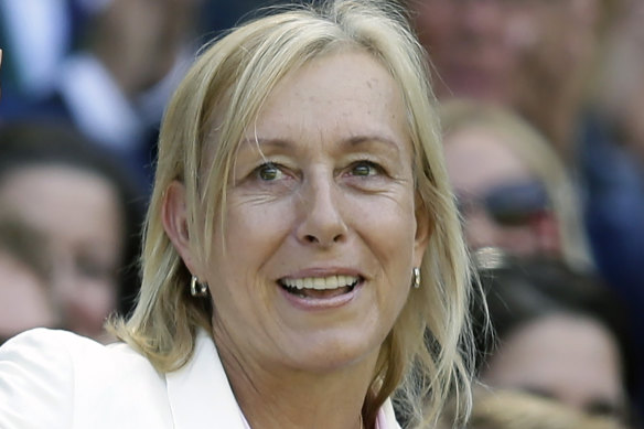 Martina Navratilova is shown in the royal box on Centre Court at the All England Lawn Tennis Championships in Wimbledon in 2015.