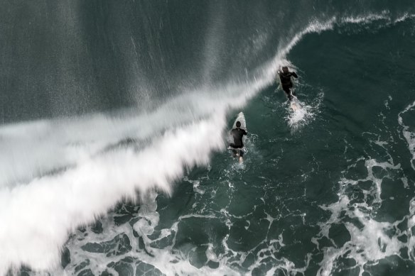 Surfers brave the cold at Bronte beach this morning where temperatures were below 10 degrees.