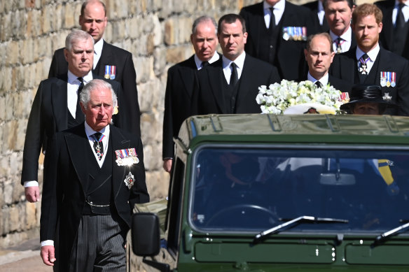 The then Prince Charles, Prince William and Prince Harry at the funeral of the Duke of Edinburgh, Prince Philip.