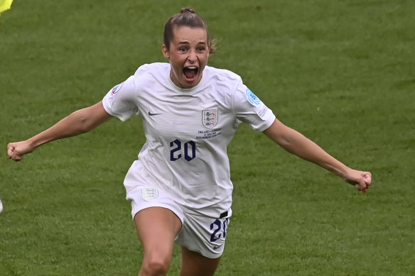 Ella Toone celebrates scoring for England.