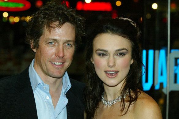Hugh Grant and Keira Knightley attend the UK charity film premiere of Love Actually at The Odeon, Leicester Square, in London on November 16, 2003.