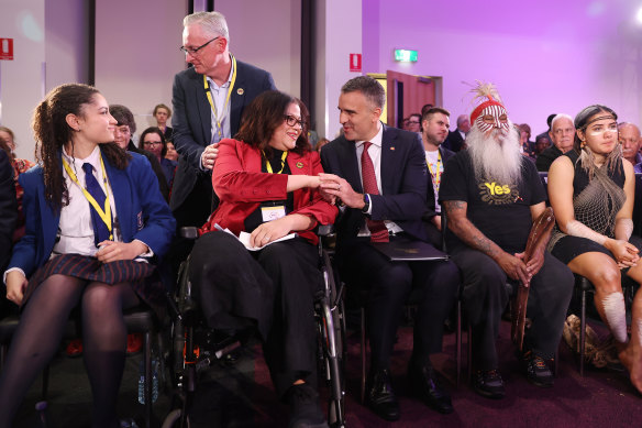 Tanya Hosch is congratulated by South Australian Premier Peter Malinauskas after her speech. 