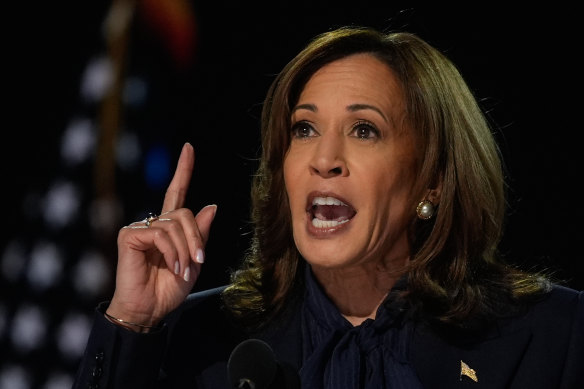 Vice President Kamala Harris speaks during last week’s Democratic National Convention.