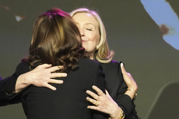 Hillary Clinton hugs Vice President Kamala Harris during a ceremony for the late congresswoman Sheila Jackson Lee in Houston this month.