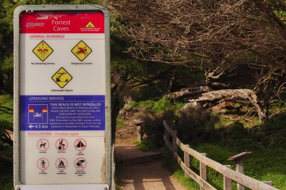 A warning sign at the Forrest Caves beach car park.