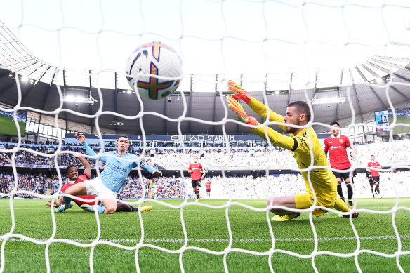 Phil Foden’s was the fourth goal to beat United keeper David De Gea at Etihad Stadium on Sunday.