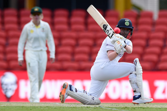 Deepti Sharma notches her second half-century in as many Tests.