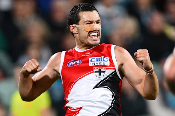 Jack Silvagni celebrates his first St Kilda goal. 