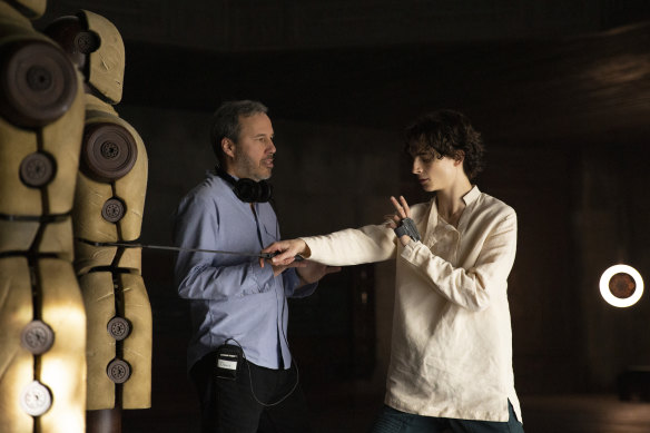 Denis Villeneuve and Timothee Chalamet on the set of Dune.