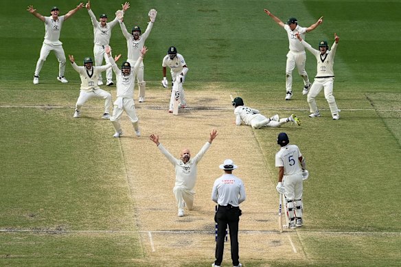 Nathan Lyon takes the final wicket of Australia’s thrilling win in last year’s Boxing Day Test at the MCG. 