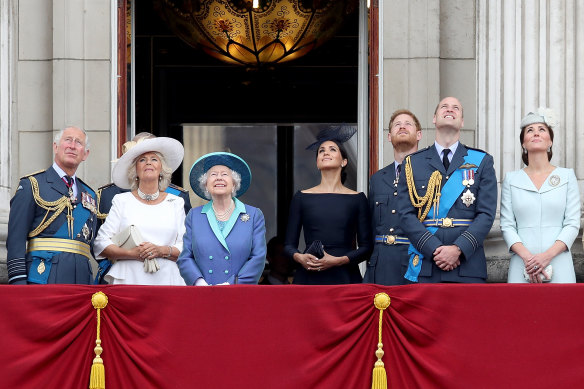 The Queen and members of the royal family on the Buckingham Palace balcony in July, 2018.