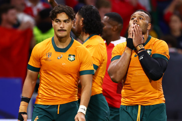 Jordan Petaia and Samu Kerevi after the full-time whistle in Lyon.