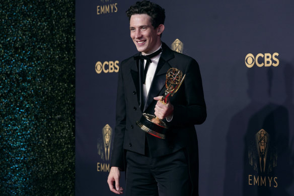 Josh O’Connor, winner of the award for outstanding lead actor in a drama series for The Crown, poses at the 73rd Primetime Emmy Awards in Los Angeles.