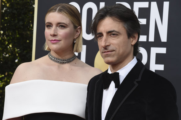 Greta Gerwig and Noah Baumbach arrive at the 77th annual Golden Globe Awards.