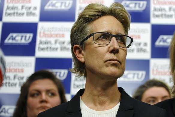 Sally McManus, secretary of the ACTU, gives a media conference at the ACTU House in Melbourne on Wednesday.