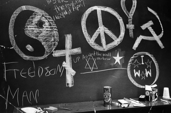 Graffiti on a Columbia University blackboard after an anti-war sit-in at the school in New York in 1968.
