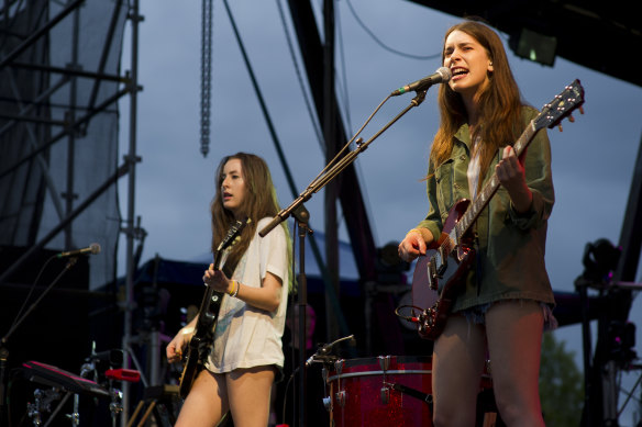 HAIM performs live on stage during Laneway in Brisbane, 2014. 